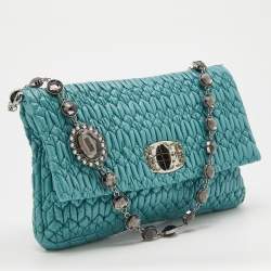 Pre Owned Miu Miu Turquoise Matelasse Leather Crystal Shoulder Bag