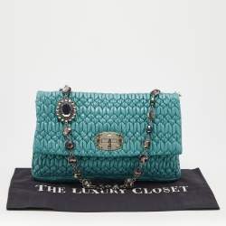 Pre Owned Miu Miu Turquoise Matelasse Leather Crystal Shoulder Bag