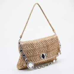 Miu Miu Metallic Gold Matelassé Leather Crystal Flap Shoulder Bag