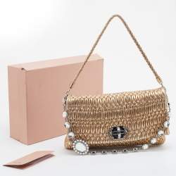 Miu Miu Metallic Gold Matelassé Leather Crystal Flap Shoulder Bag