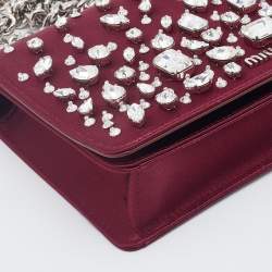 Pre Owned Miu Miu Burgundy Satin Crystal Embellished Chain Shoulder Bag