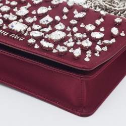 Pre Owned Miu Miu Burgundy Satin Crystal Embellished Chain Shoulder Bag