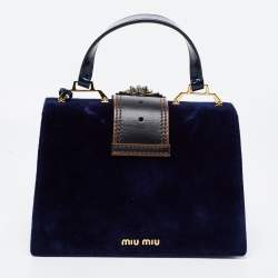 Pre Owned Miu Miu Blue Velvet Crystal Embellished Buckle Flap Top Handle Bag