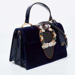 Pre Owned Miu Miu Blue Velvet Crystal Embellished Buckle Flap Top Handle Bag