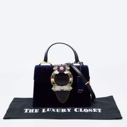 Pre Owned Miu Miu Blue Velvet Crystal Embellished Buckle Flap Top Handle Bag