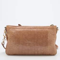 Pre Owned Miu Miu Beige Croc Embossed Patent Leather Crossbody Bag
