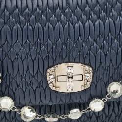 Pre Owned Miu Miu Navy Blue Matelassé Leather Turnlock Flap Shoulder Bag