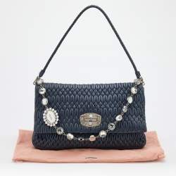 Pre Owned Miu Miu Navy Blue Matelassé Leather Turnlock Flap Shoulder Bag