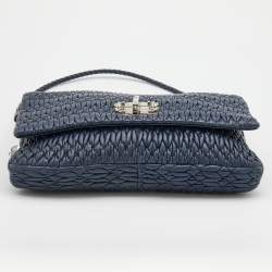Pre Owned Miu Miu Navy Blue Matelassé Leather Turnlock Flap Shoulder Bag