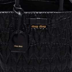 Pre Owned Miu Miu Black Matelassé Leather Bow Tote