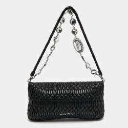 Pre Owned Miu Miu Black Matelassé Leather Crystal Shoulder Bag