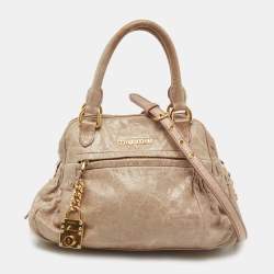 Miu Miu Beige Distressed Vitello Lux Small Bow Bag with Strap