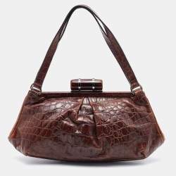 Miu Miu Brown Croc Embossed Leather Frame Shoulder Bag