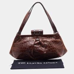 Miu Miu Brown Croc Embossed Leather Frame Shoulder Bag