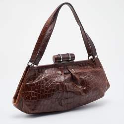 Miu Miu Brown Croc Embossed Leather Frame Shoulder Bag