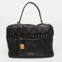 Miu Miu Black Matelassé Leather Push Lock Flap Top Handle Bag