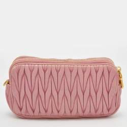 Pre Owned Miu Miu Pink Matelasse Leather Double Zip Crossbody Bag