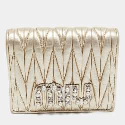 Miu Miu Gold Matelassé Leather Logo Flap Card Case 