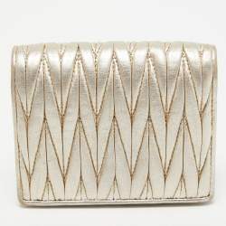 Miu Miu Gold Matelassé Leather Logo Flap Card Case 