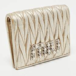 Miu Miu Gold Matelassé Leather Logo Flap Card Case 