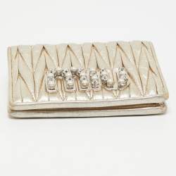 Miu Miu Gold Matelassé Leather Logo Flap Card Case 