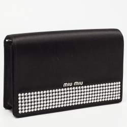 Pre Owned Miu Miu Black Satin Crystals Embellished Flap Clutch Bag