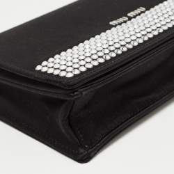 Pre Owned Miu Miu Black Satin Crystals Embellished Flap Clutch Bag