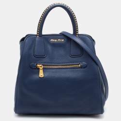 Miu Miu Blue Madras Leather Studded Handle Tote