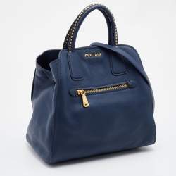 Miu Miu Blue Madras Leather Studded Handle Tote