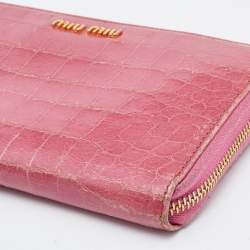 Miu Miu Pink Croc Embossed Leather Zip Around Wallet