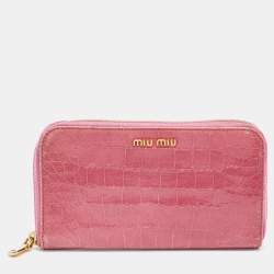 Miu Miu Pink Croc Embossed Leather Zip Around Wallet