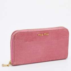 Miu Miu Pink Croc Embossed Leather Zip Around Wallet