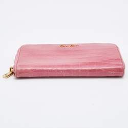 Miu Miu Pink Croc Embossed Leather Zip Around Wallet