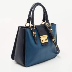 Pre Owned Miu Miu Two Tone Blue Madras Leather Pushlock Tote