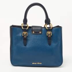Pre Owned Miu Miu Two Tone Blue Madras Leather Pushlock Tote