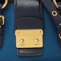 Pre Owned Miu Miu Two Tone Blue Madras Leather Pushlock Tote