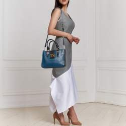 Pre Owned Miu Miu Two Tone Blue Madras Leather Pushlock Tote