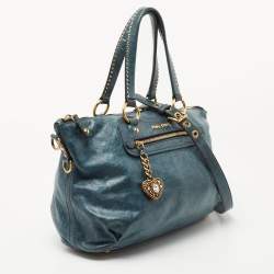 Miu Miu Blue Leather Studded Heart Charm Top Handle Bag