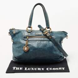 Miu Miu Blue Leather Studded Heart Charm Top Handle Bag