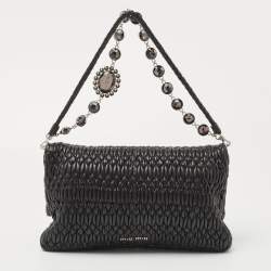 Miu Miu Black Matelassé Leather Crystal Flap Shoulder Bag