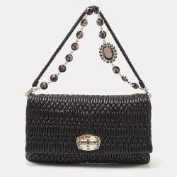 Miu Miu Black Matelassé Leather Crystal Flap Shoulder Bag