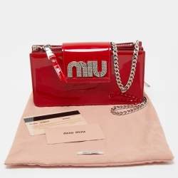 Miu Miu Red Patent Leather Logo Crystals Flap Wallet on Chain