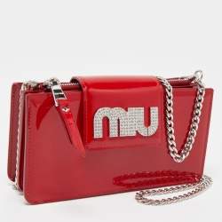Miu Miu Red Patent Leather Logo Crystals Flap Wallet on Chain