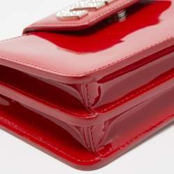 Miu Miu Red Patent Leather Logo Crystals Flap Wallet on Chain