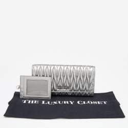 Miu Miu Silver Matelassé Leather Logo Flap Continental Wallet