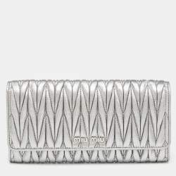 Miu Miu Silver Matelassé Leather Logo Flap Continental Wallet