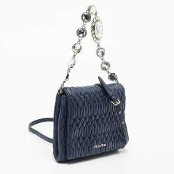 Miu Miu Navy Blue Matelasse Leather Crystals Chain Crossbody Bag