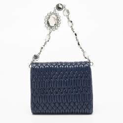 Miu Miu Navy Blue Matelasse Leather Crystals Chain Crossbody Bag