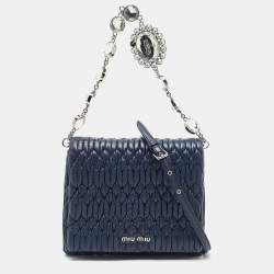 Miu Miu Navy Blue Matelasse Leather Crystals Chain Crossbody Bag