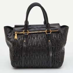 Miu Miu Black Matelasse Leather Fold Over Zip Tote